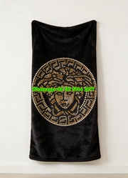 Versace Black Gold Studded Medusa Logo Printed Flannel Throw Blanket IMG_1286